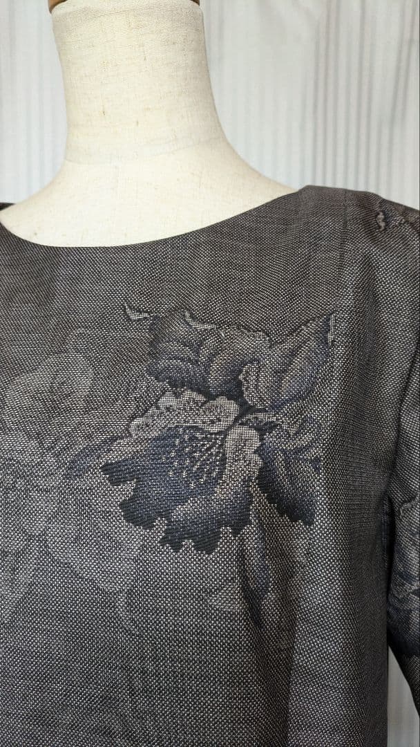 No245 大島紬着物リメイク ９マルキ茶泥大島紬 プリンセスラインワンピース