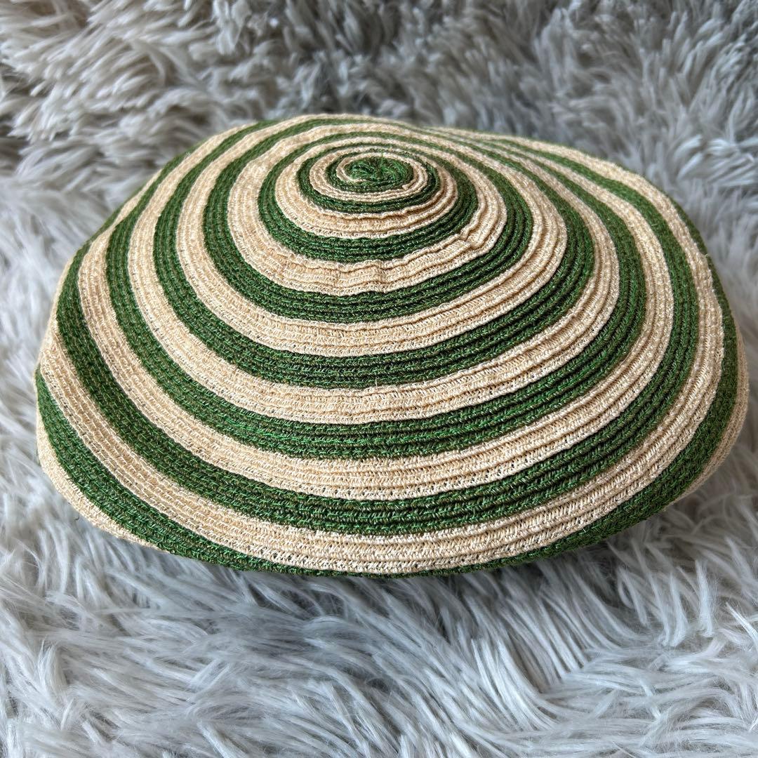 【美品】GUCCI アレッサンドロミケーレ ヘンプ ベレー帽 グリーンストライプ