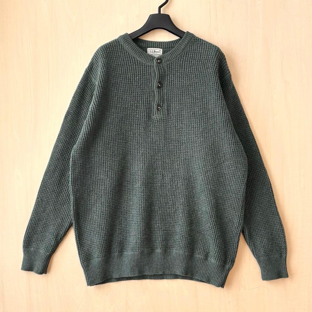 エルエルビーン　ヘンリーネック　ニット　ワッフル　コットン、ウール