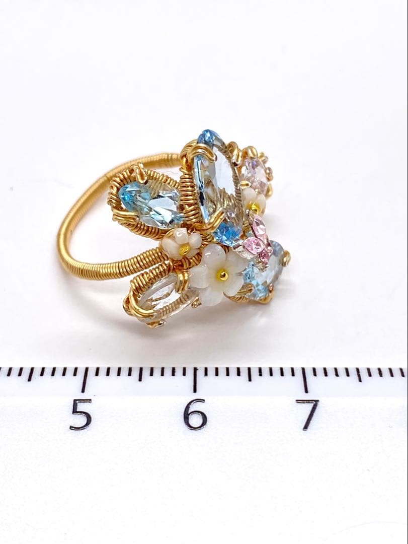 ブルートパーズ ワイヤーアートリング 10kgf ハンドメイド新作 14〜15号