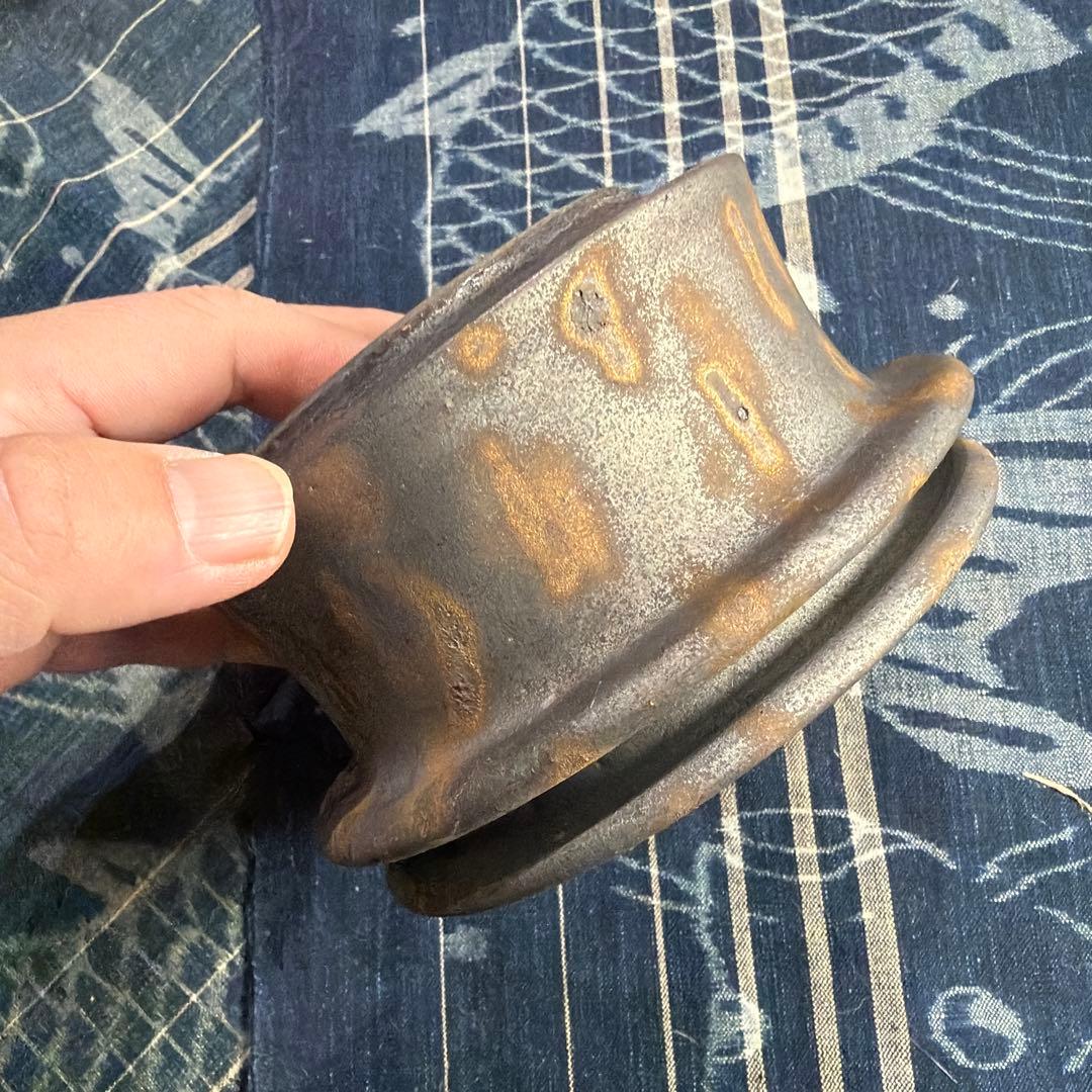 細川政己　植木鉢　豹紋　ブラウン　浅鉢　中古