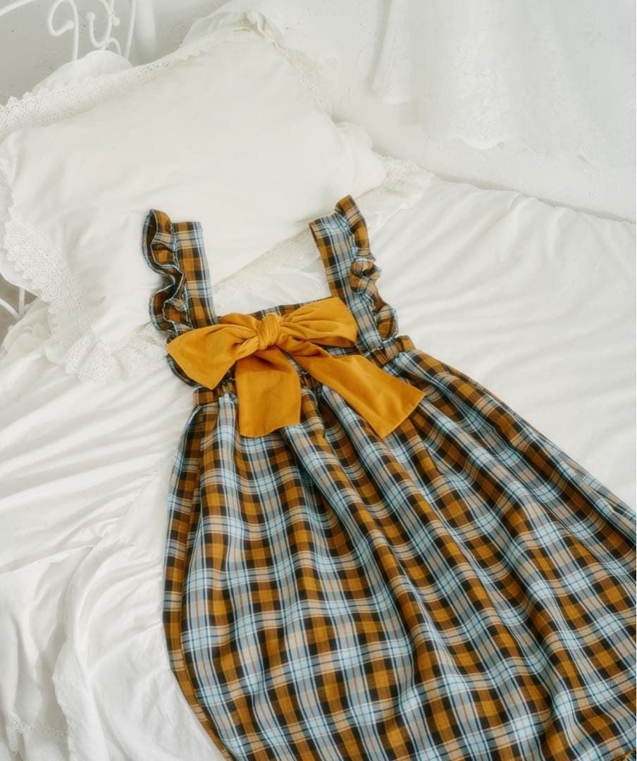 クティール フリルリボンハーネス ２WAYベロアリボンチェックジャンパースカート