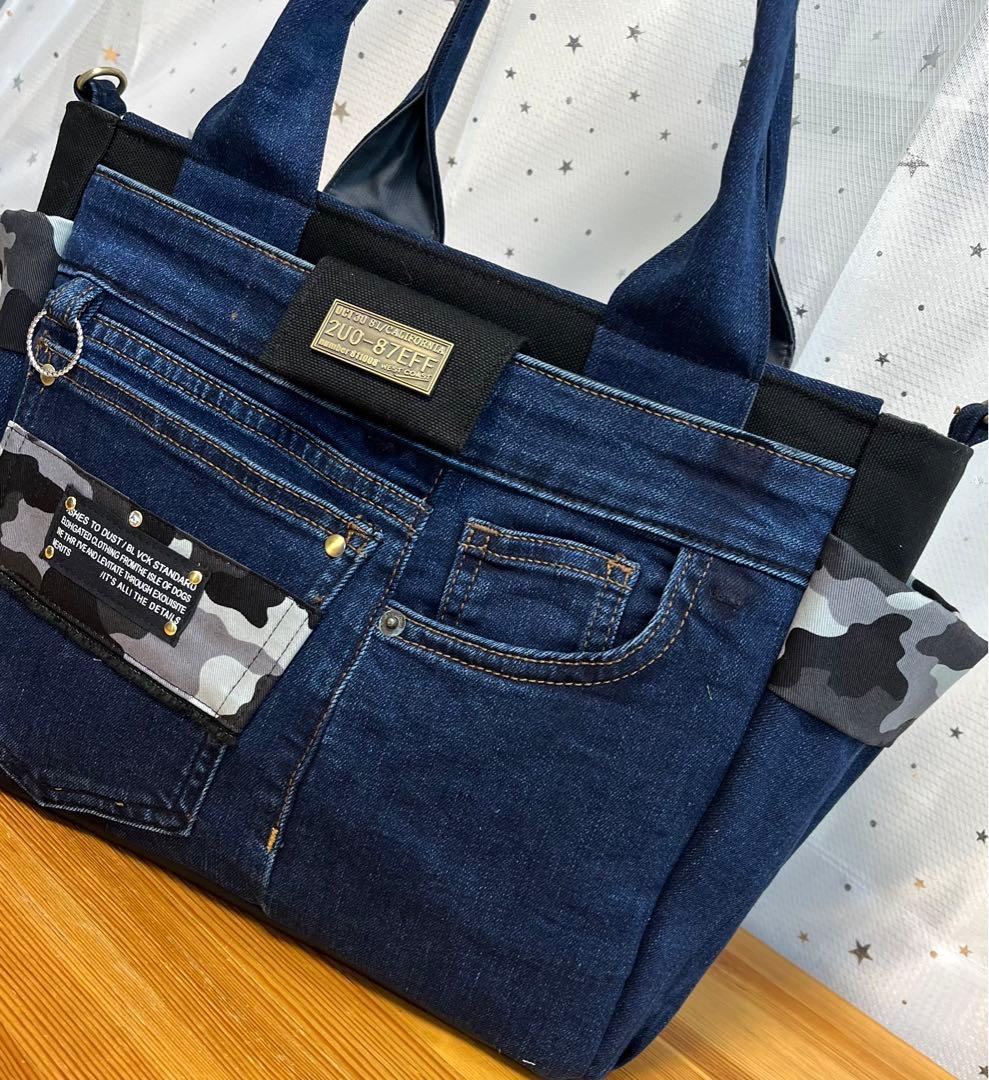 ぴょん大きめデニムリメイクバッグ（LL）No.796☆トートバッグ