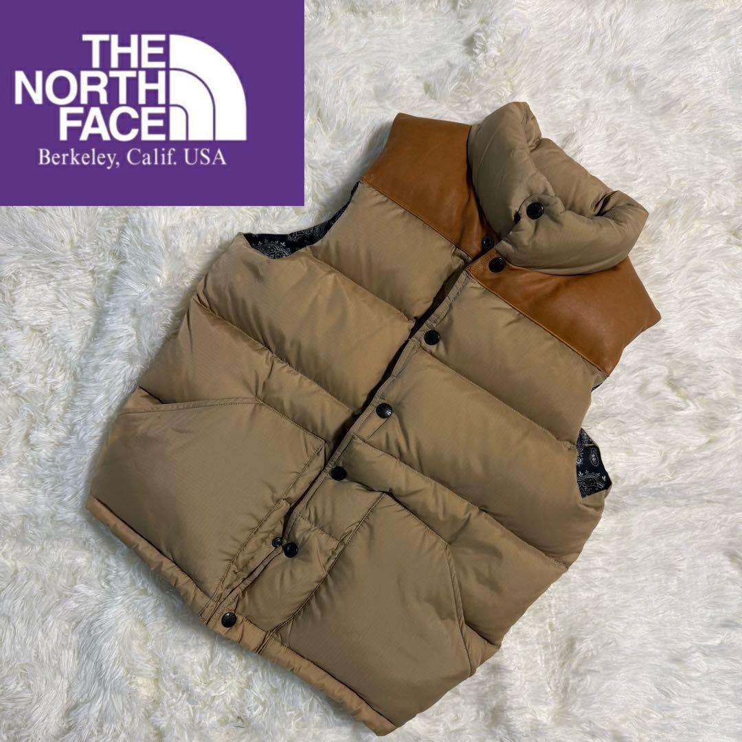【希少】ノースフェイス パープルレーベル ダウンベスト レザー切替 ペイズリー柄