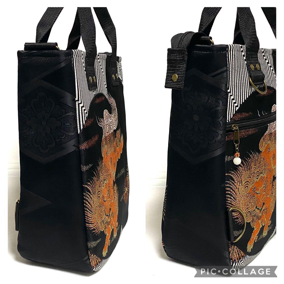 389 帯リメイク　唐獅子の縦型リュック　3wayバッグ