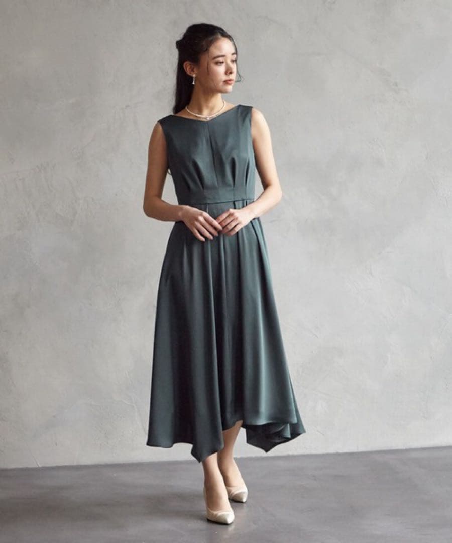 ダークグリーン ノースリーブ パーティードレス