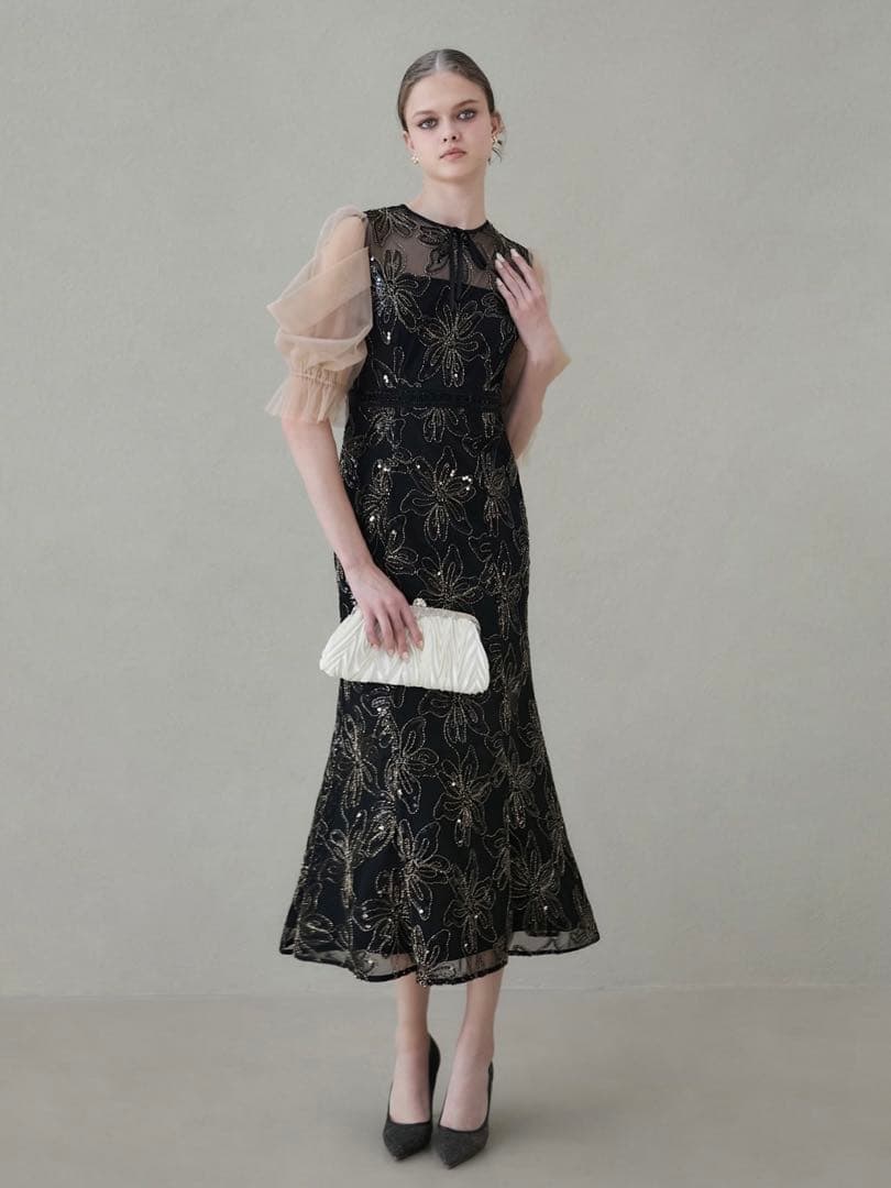 スパンコールフラワーリボンチュールワンピースドレス結婚式二次会パーティー成人式