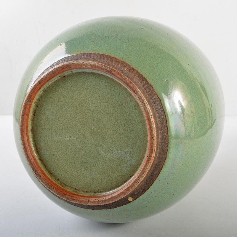 富山県　越中小杉焼　青磁　鶴首瓶　時代箱付　K　R5997B