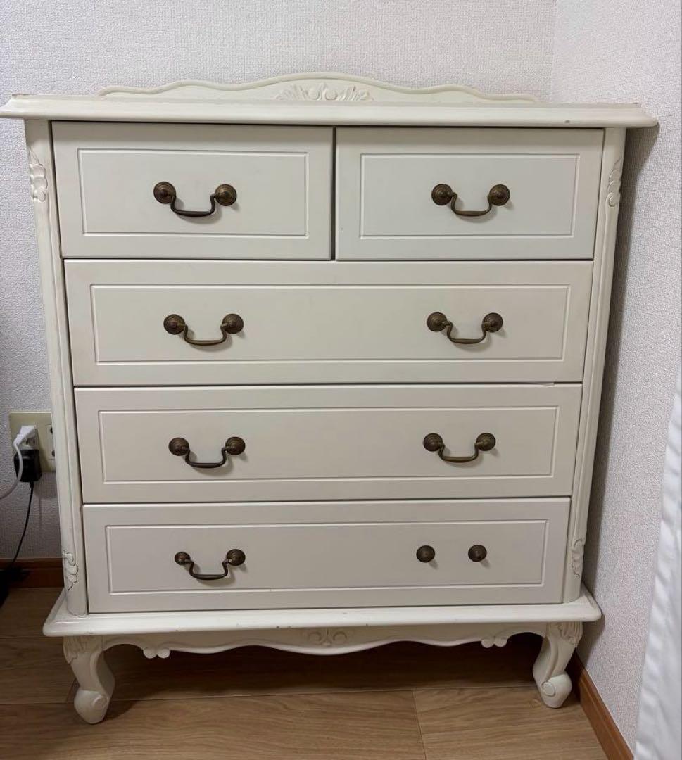 も*送様 アンティーク　ロココ調　ホワイト木製チェスト　フレンチカントリー