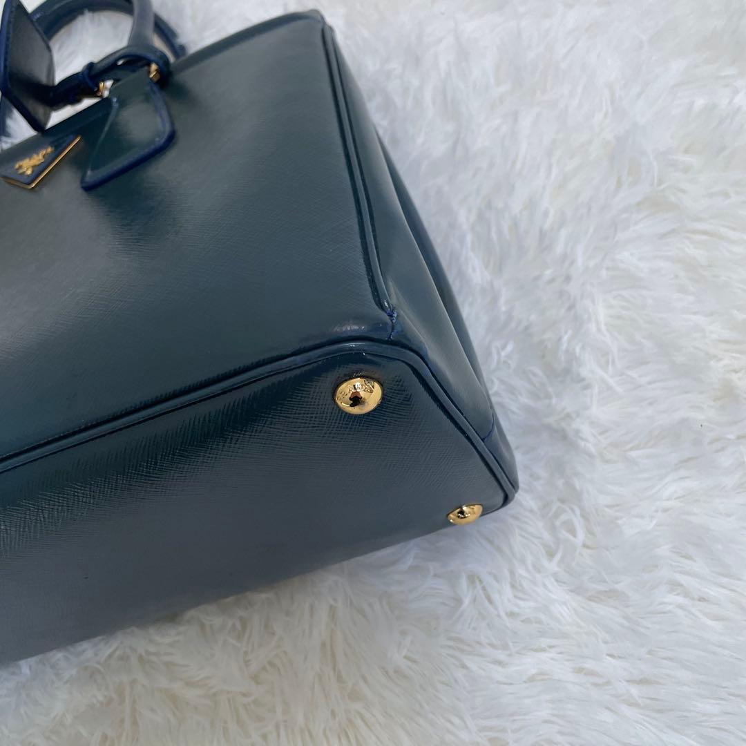 極美品 PRADA ガレリア サフィアーノ ハンドバッグ ブルー 三角ロゴ
