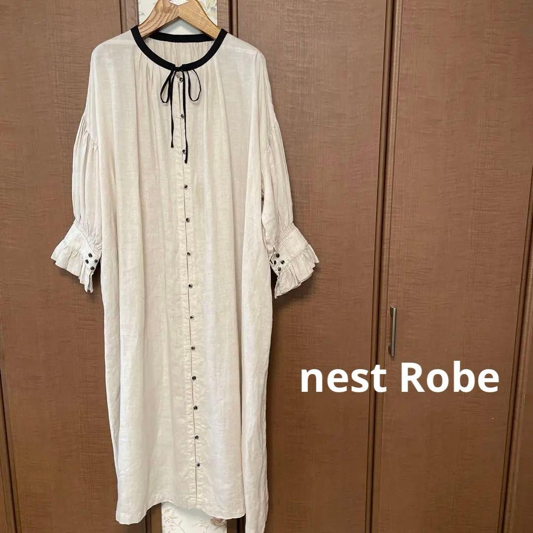 極美品nest Robeネストローブ　リネンスモックドレスワンピース