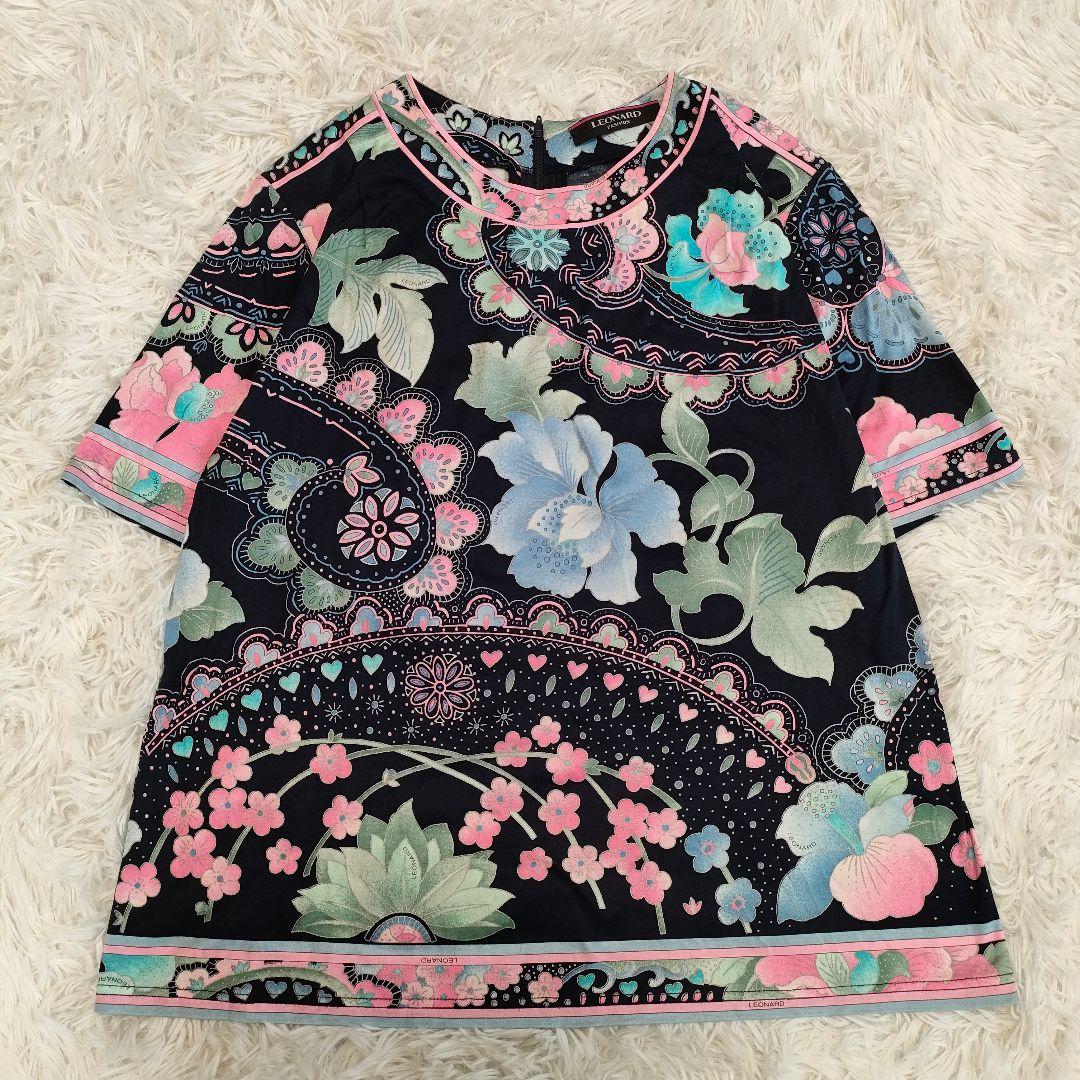 レオナール カットソー 黒 ピンク 花柄 プリント 大きいサイズ 42