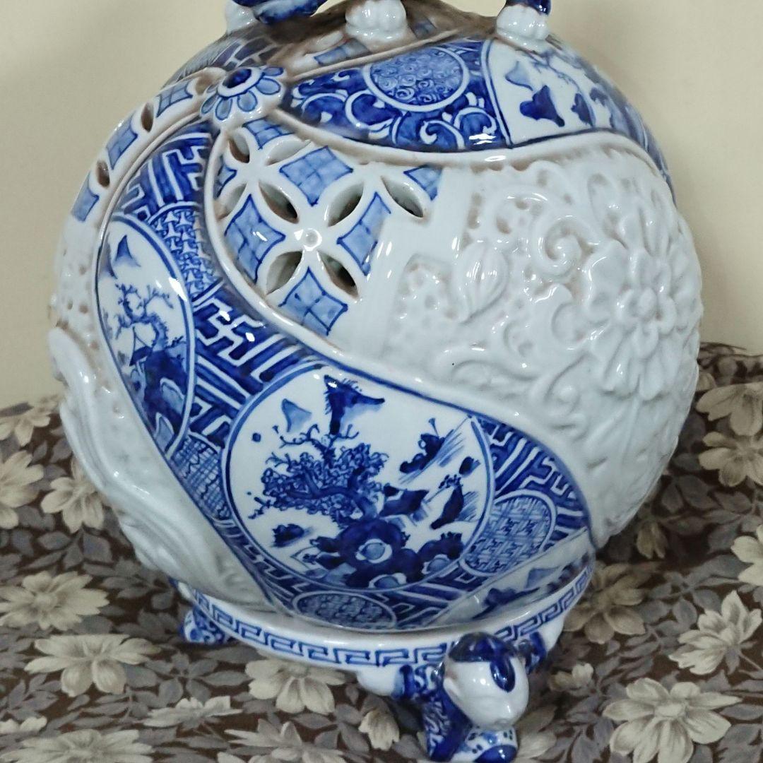 稀少 在銘 陶器製 中国 五良大甫呉祥瑞造 染付 獅子 香炉 高さ20.5cm