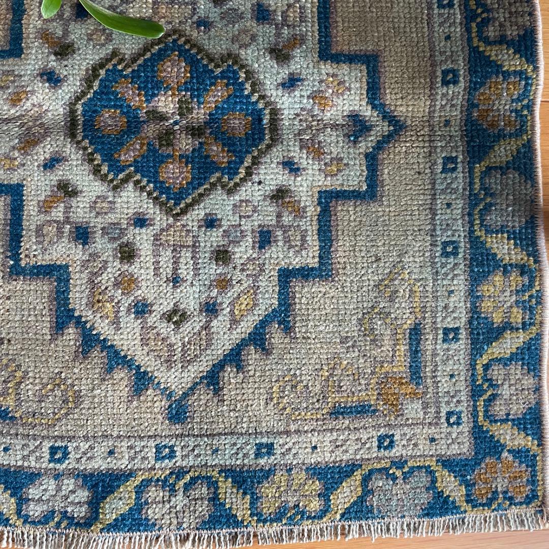 54×51㎝◇トルコヴィンテージラグ　ブラウン　ブルー　幾何学模様611