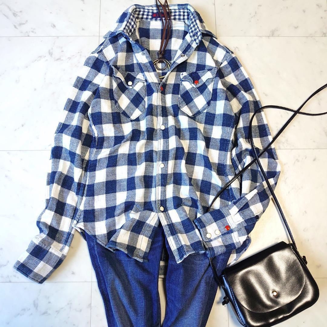 R by 45rpm インディゴ染め チェック R刺繍 長袖シャツ 1 コットン