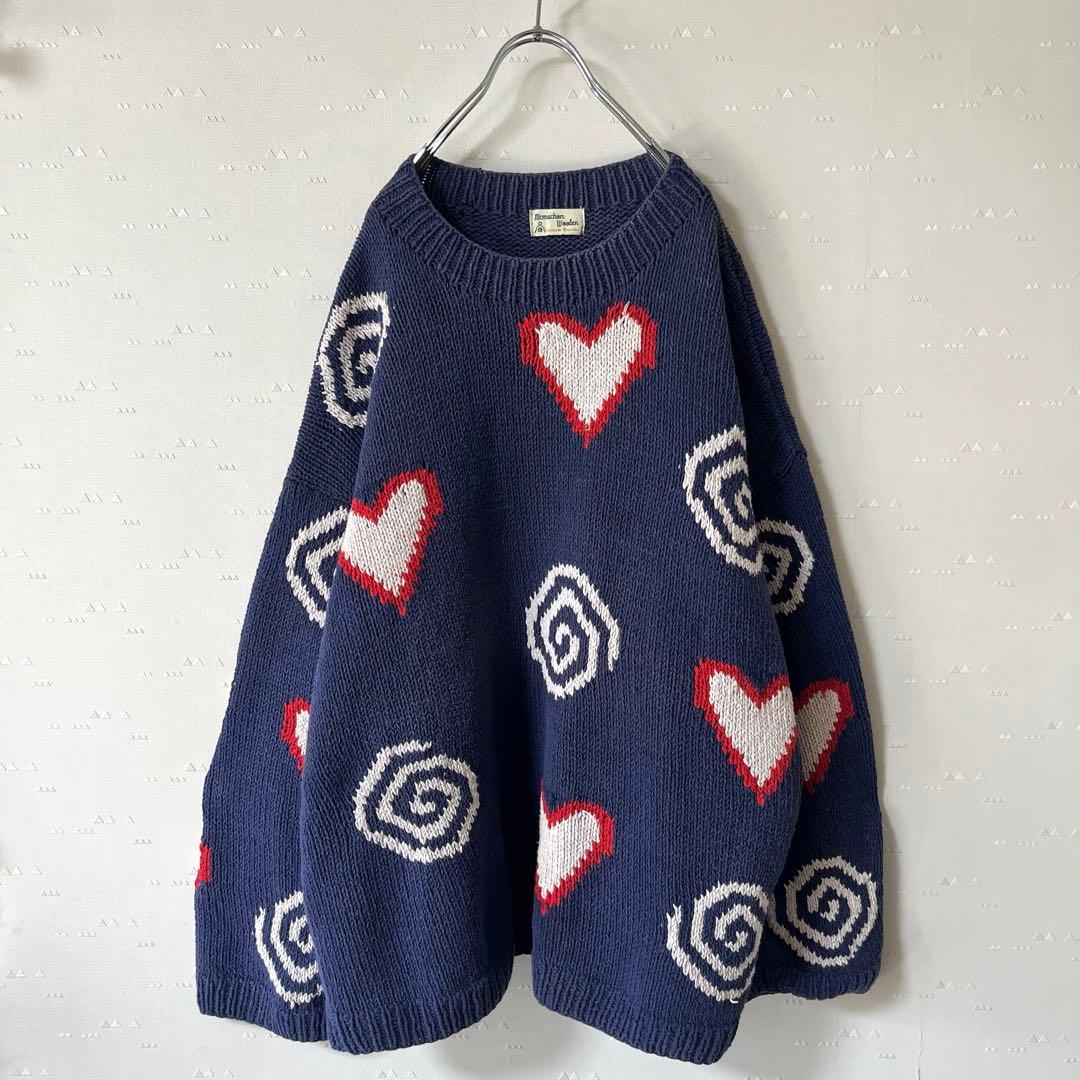古着 マクマホーン エクアドルニット コットンニット ハート 茄子紺