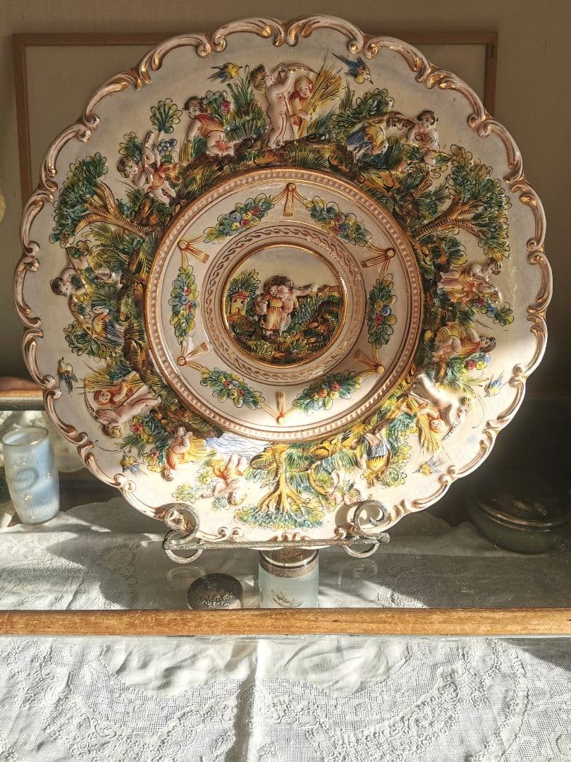 アンティーク カポディモンテ ラージデコレーションプレート 深大皿 子供達の収穫