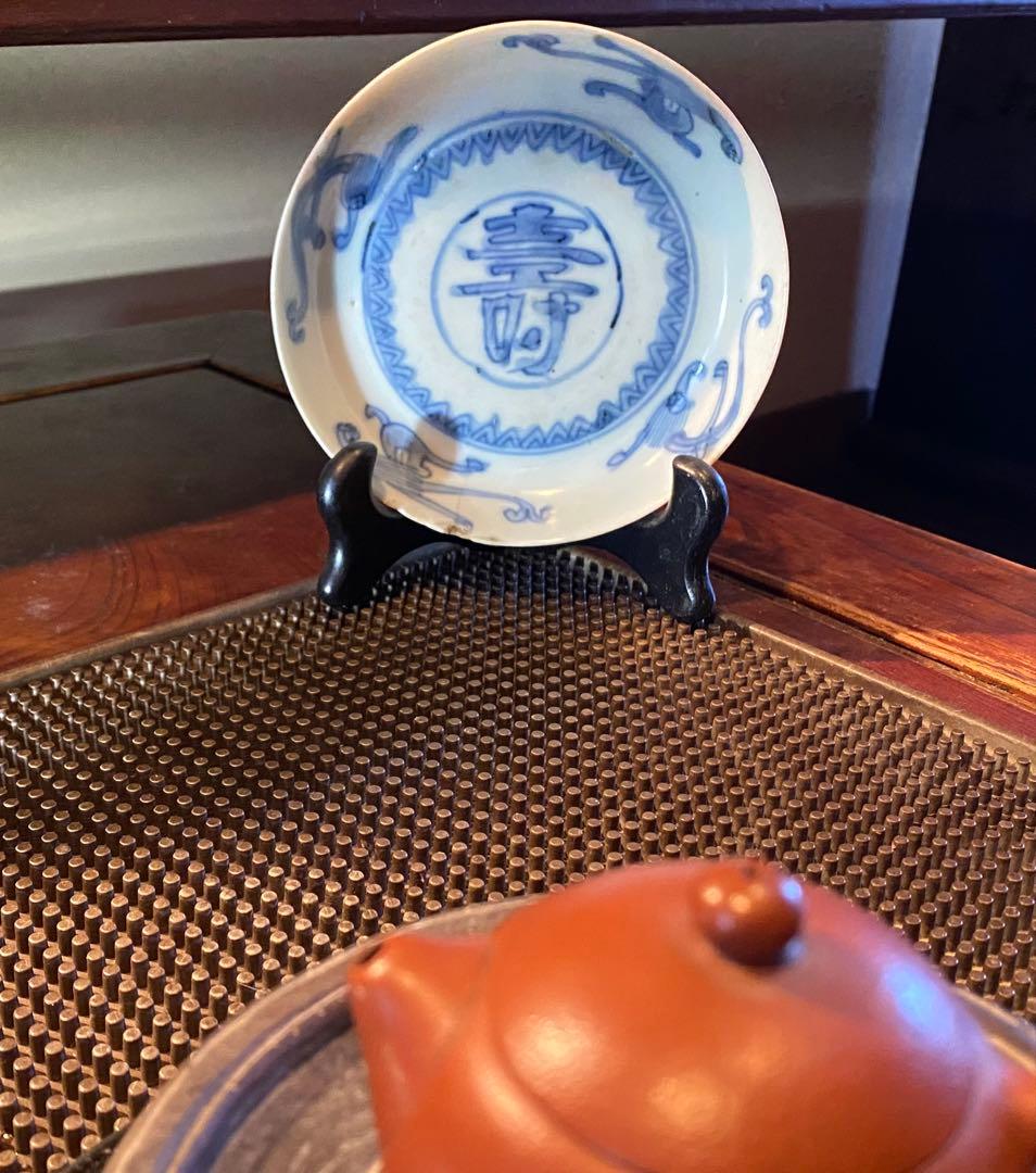 中国汕頭・スワトウ染付絵皿　鑑賞台付 沈船品・ヴィンテージ　レア ・台湾茶器