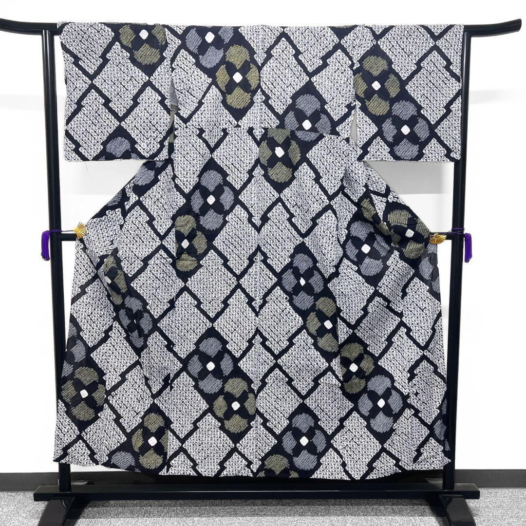 浴衣　有松鳴海絞り　松川菱　花模様　ネイビー　系　着物　042w p