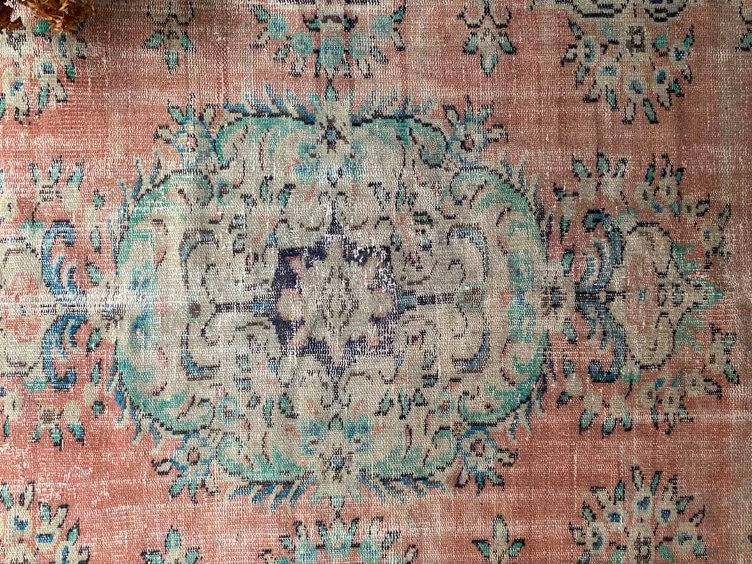 超大判　コーラルピンク244×132 インディゴブルー　トルコヴィンテージラグ