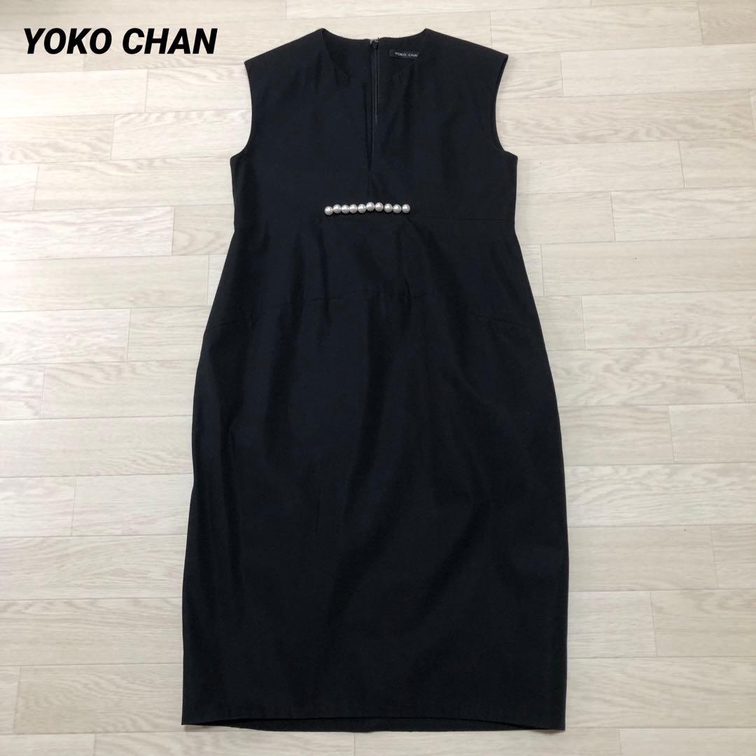 ヨーコチャン ウエストパール付　ノースリーブワンピース 膝丈　ブラック