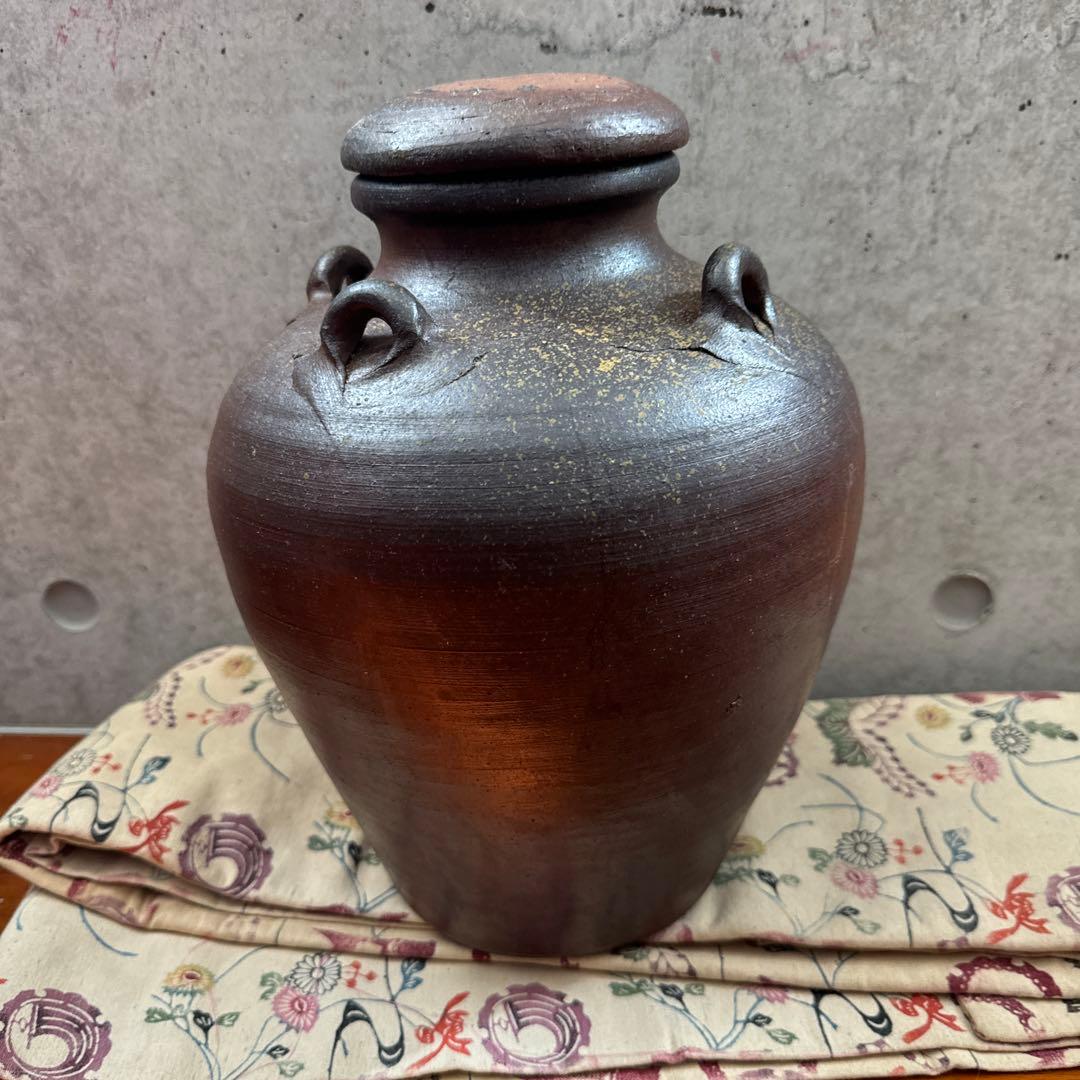 壺屋焼.荒焼.蓋付き大壺