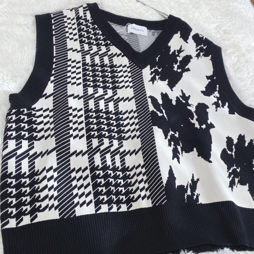 新品タグ付／極美品ANDREA & CO. 千鳥柄x花柄　ニットベスト