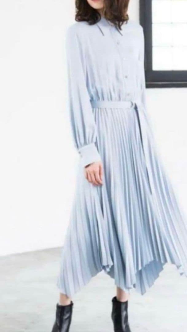 アナイ　ライトブルー プリーツ 長袖シャツワンピース　M 38