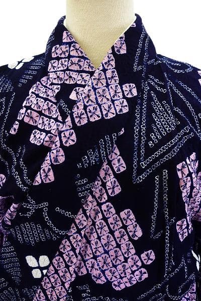 ★専用★未使用品 浴衣 有松絞り バチ衿 紺 花文 身丈163cm お洒落