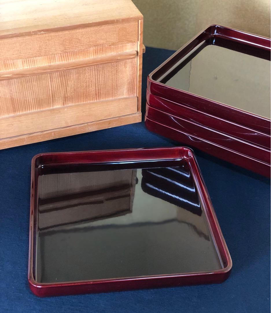 ❗️割引《R》春慶塗 四方膳5客 会席膳 隅丸 木製漆器 木箱　251216お5