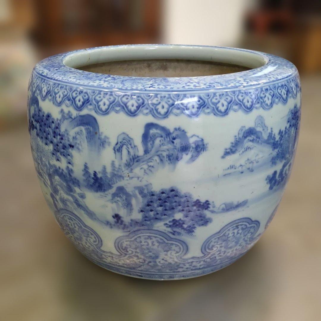 骨董　火鉢　伊万里　染め付け　テーブル　水鉢　金魚　めだか