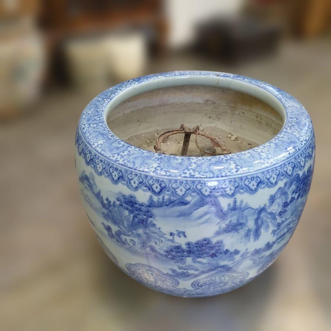 骨董　火鉢　伊万里　染め付け　テーブル　水鉢　金魚　めだか