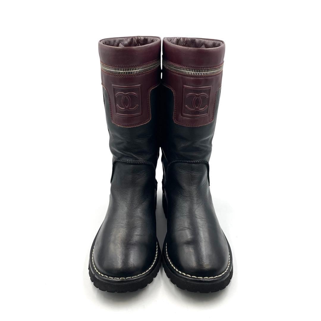 《超美品》シャネル ココマーク ロングブーツ 本革 ブラック ボルド 黒系 39