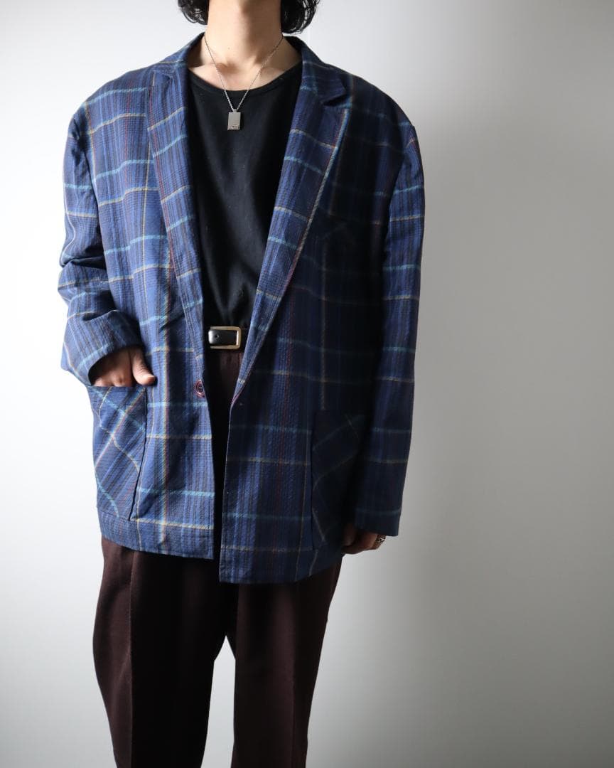EURO vintage チェック柄 テーラードジャケット ブルー系 フランス製