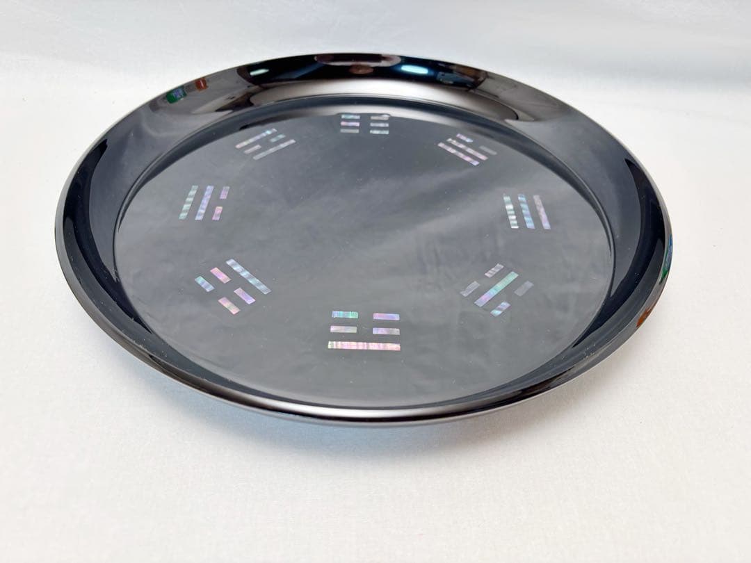 ほぼ未使用 茶道具 黒塗 八卦盆 螺鈿細工 丸盆 青貝 漆器 紙箱