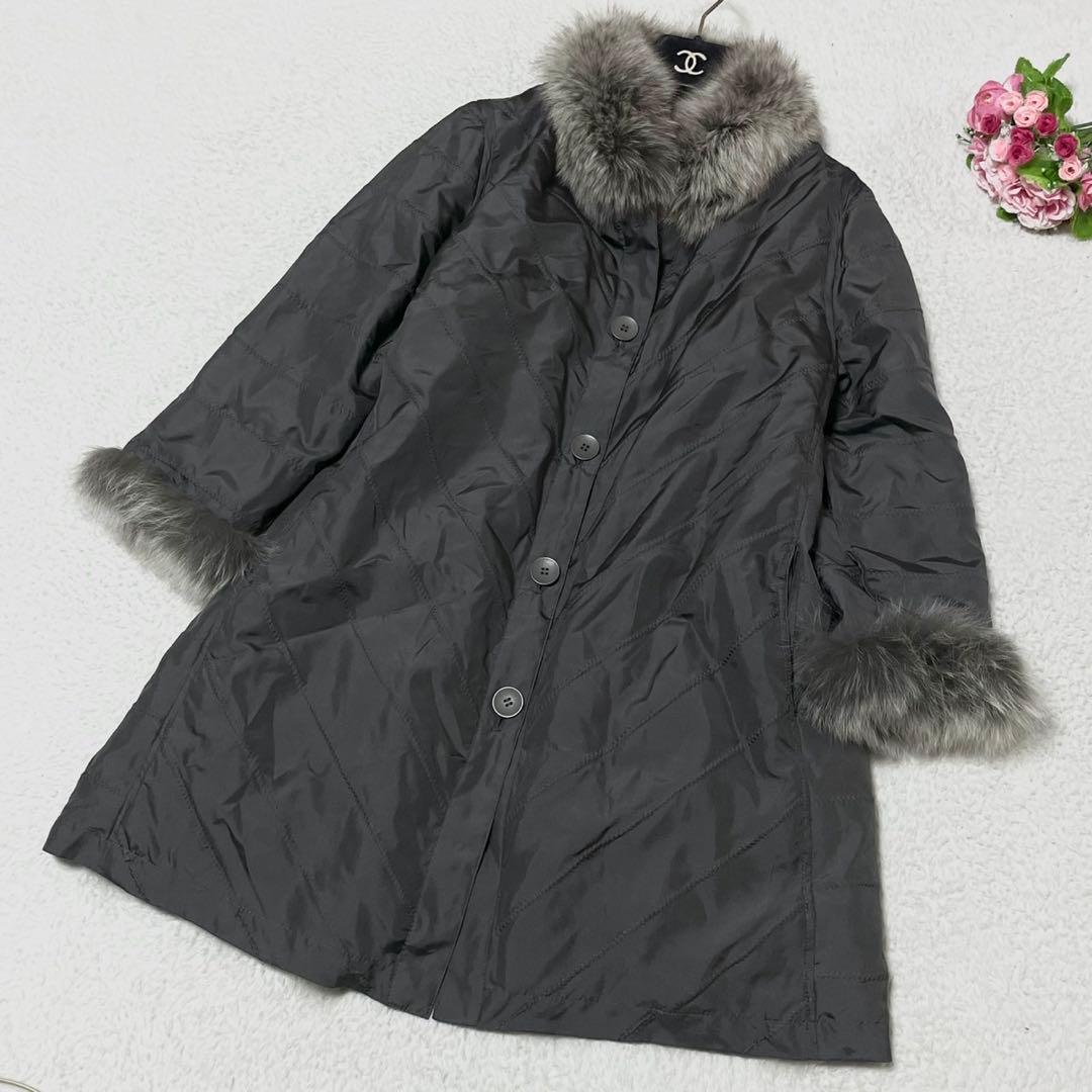 【軽量】リバーシブル フォックスファー コート シルク 毛皮 グレー サイズL