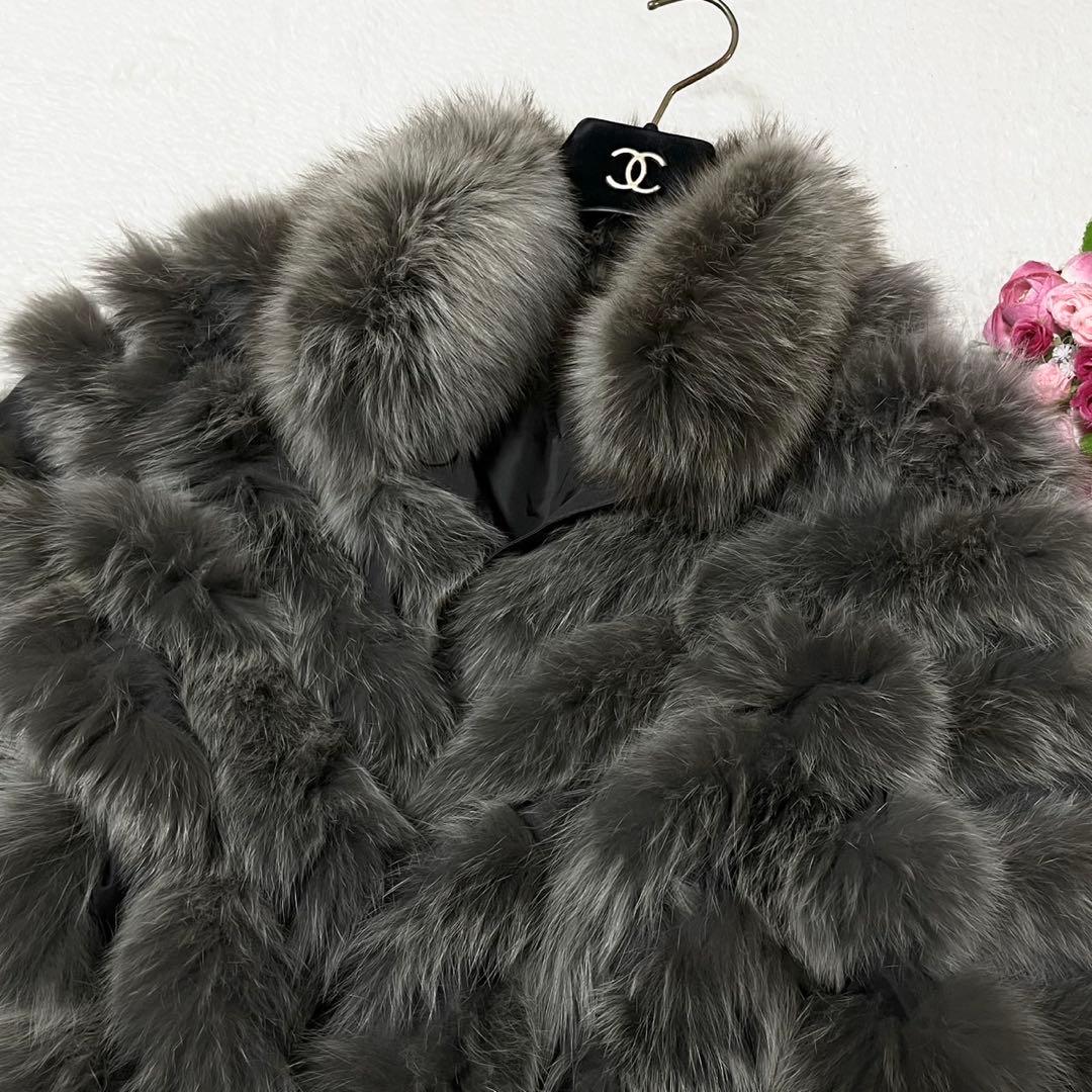 【軽量】リバーシブル フォックスファー コート シルク 毛皮 グレー サイズL