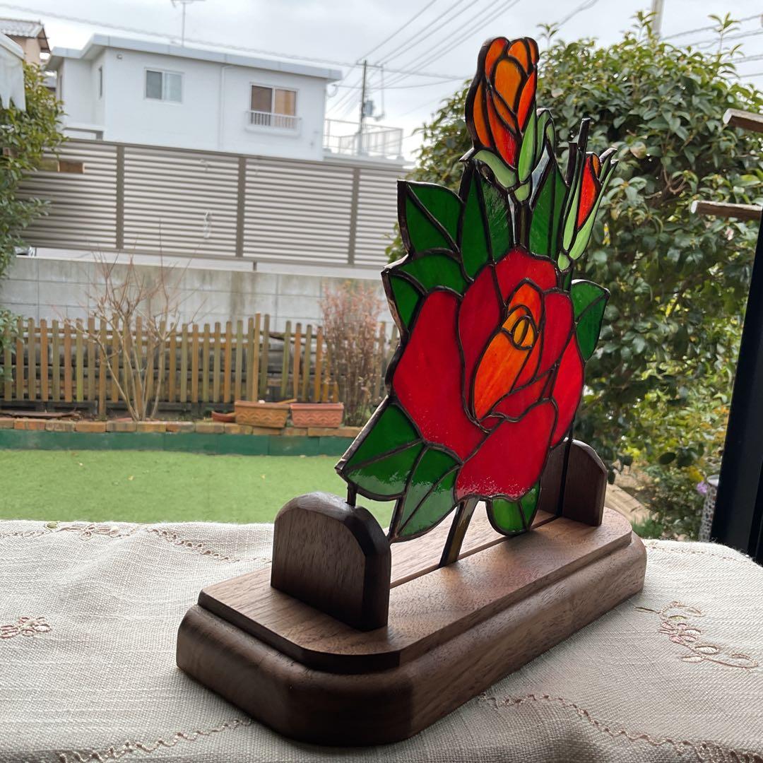 ステンドグラスパネル　バラ(レッド)