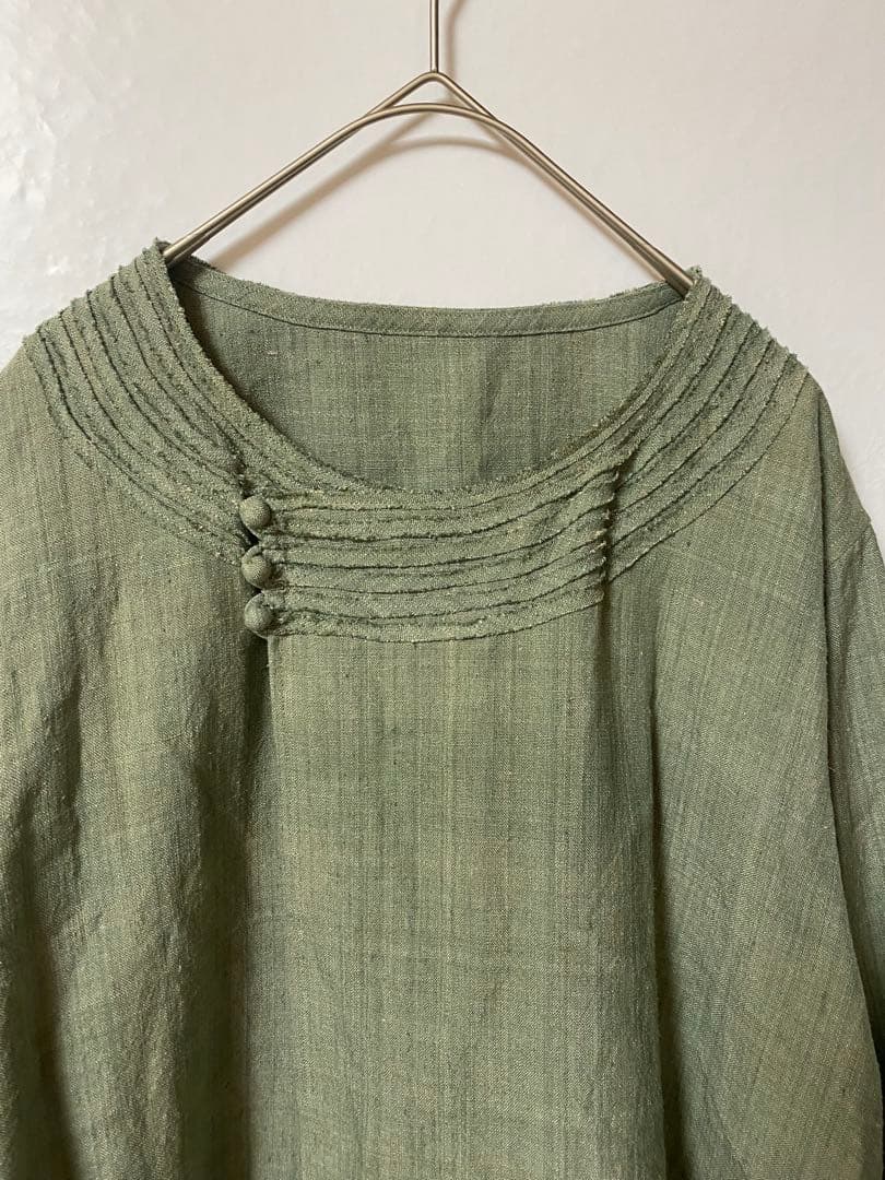 ヨーガンレール　長袖チュニック　グリーン　麻55% 絹45% 薄手　無地