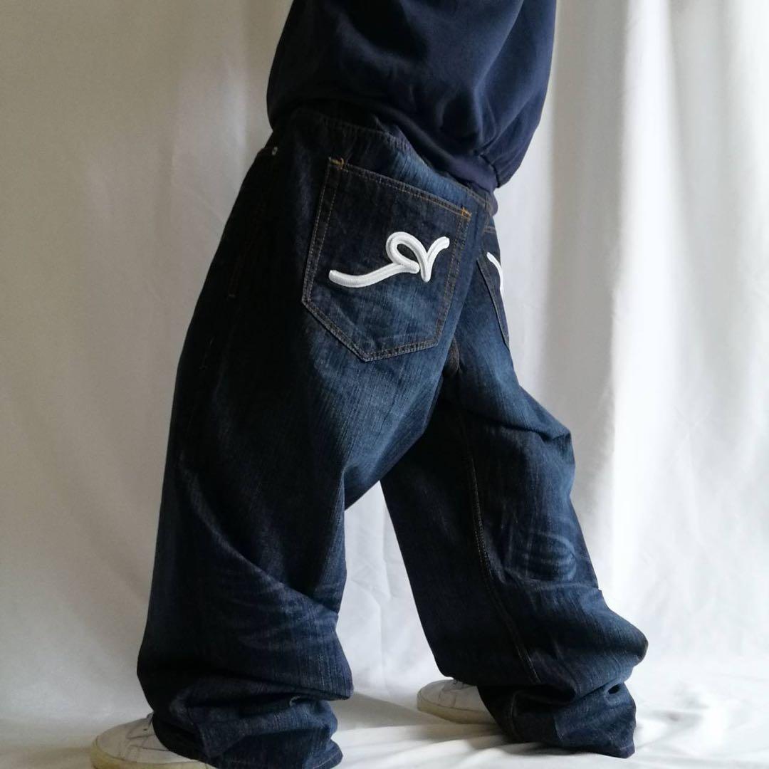 美品 希少 ロカウェア ROCAWEAR バギー デニム W40 デカロゴ 刺繍