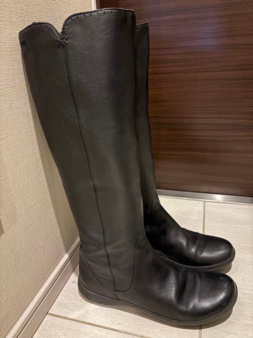 カンペール　ブラックレザー ロングブーツ サイドファスナー