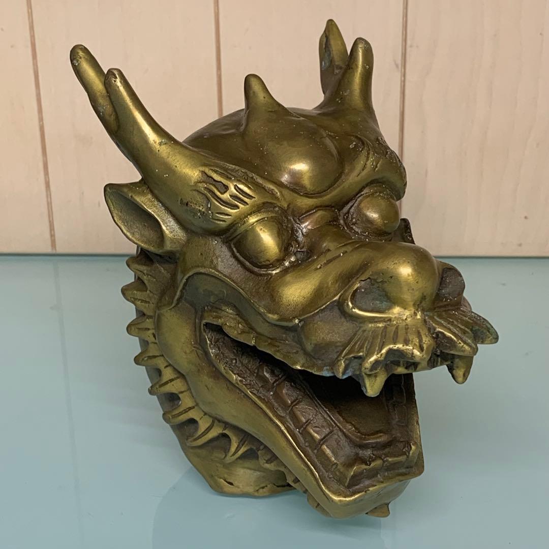 縁起物　文房具　純銅製の龍頭　龍の彫刻　文鎮　置物　時代物　古美術
