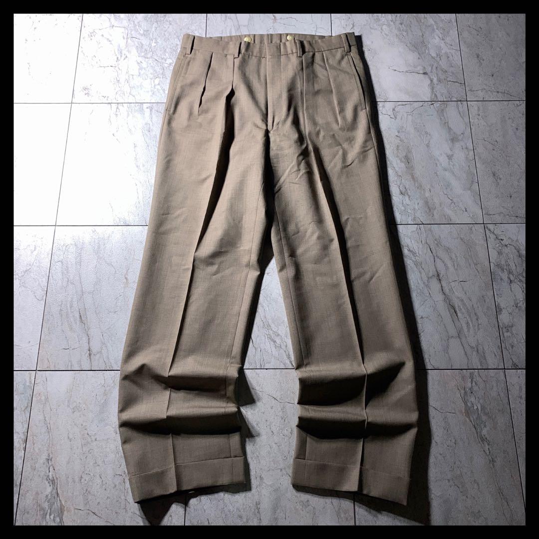 90s ラルフローレン 2タック ウール ワイド スラックス 茶色 ベージュ