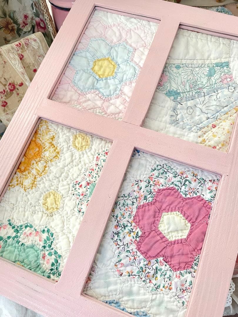 アンティークキルト 窓枠フレーム リバーシブル♡ピンク·͜· ♡