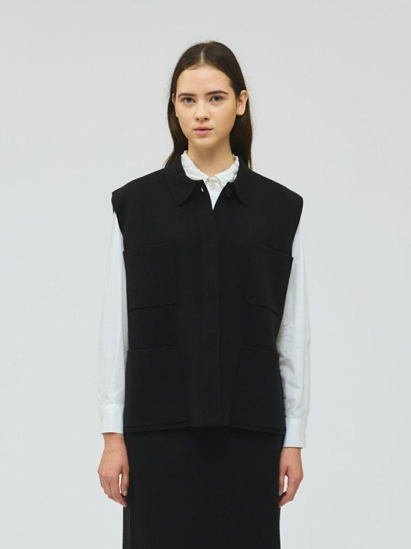 【新品タグ付】mizuiro ind ミズイロインド 襟付きワイドベスト 黒