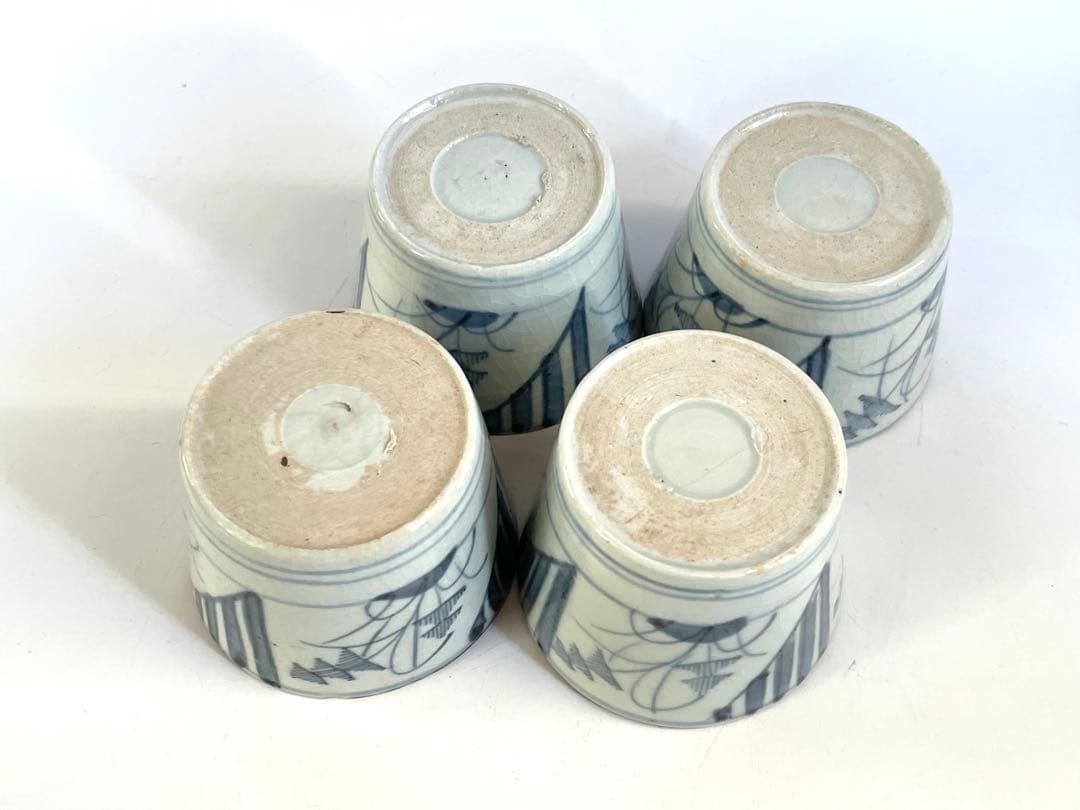 骨董　アンティーク　古伊万里　染付　羊歯文　蕎麦猪口　4点　縁錆　甘手