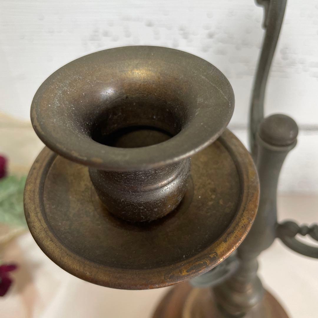 アンティーク　イタリア製　3灯式キャンドルスタンド　ブロンズと木目の燭台