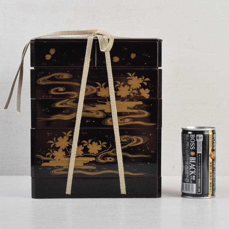 茶道具　黒漆　花草蒔絵　五段重箱　共箱　C　9121