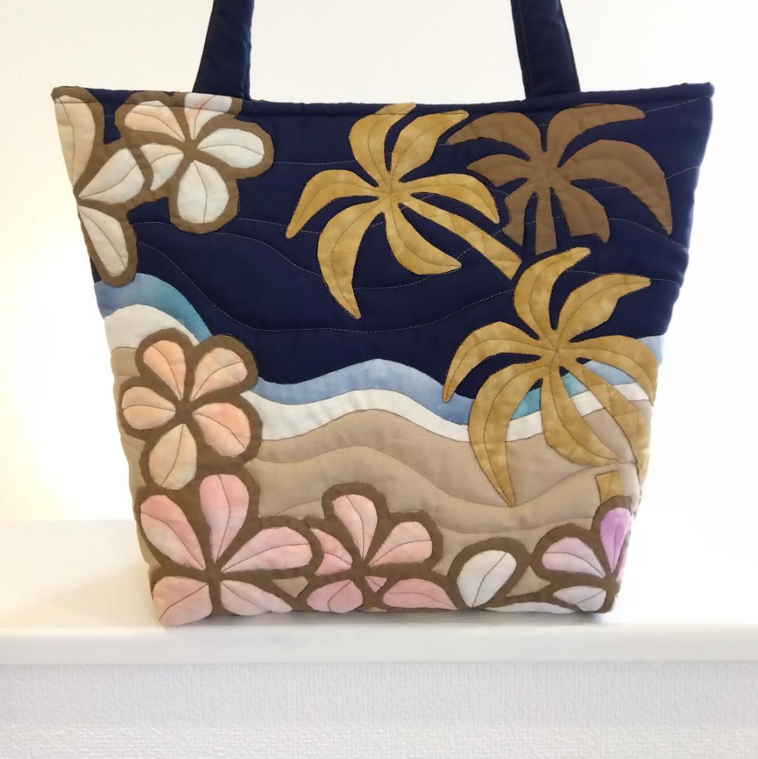 ハワイアンキルト　ハンドメイド　ヤシの木　プルメリアトートバッグ