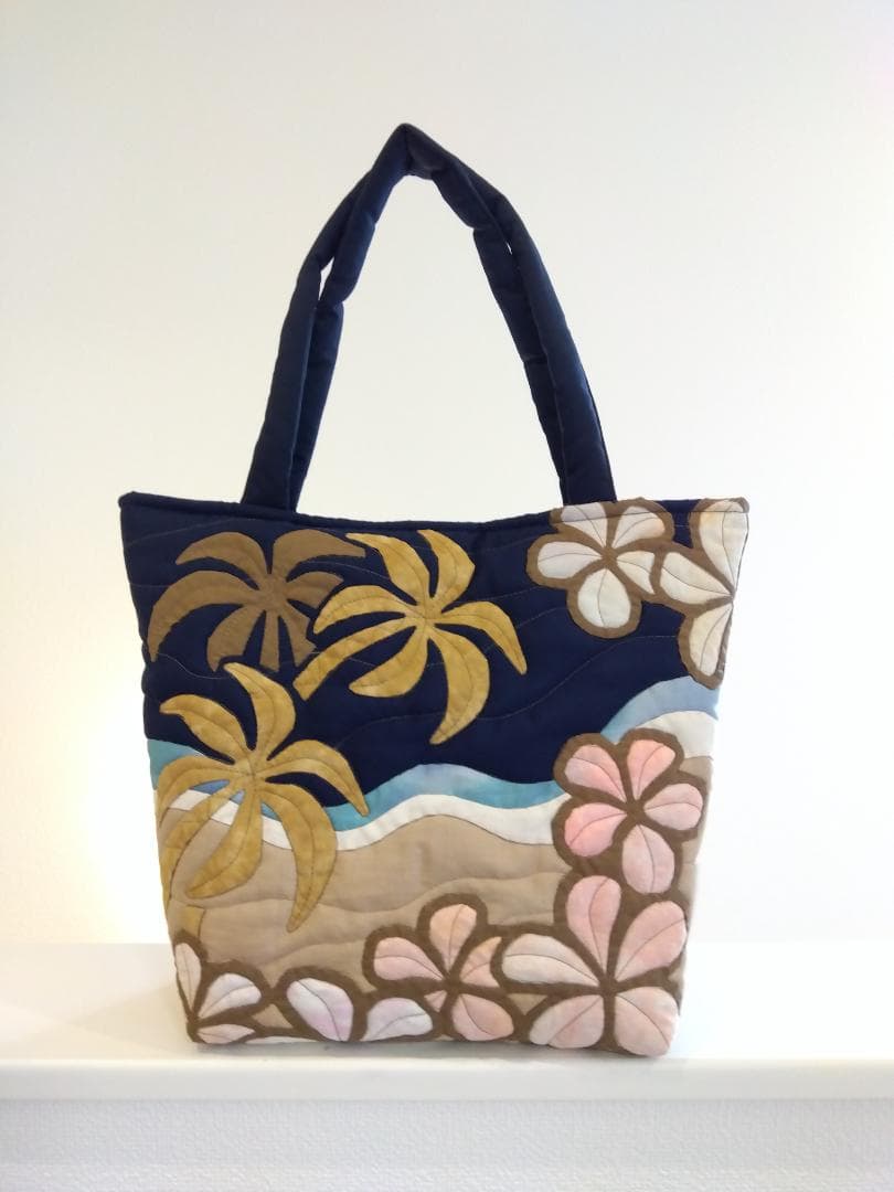 ハワイアンキルト　ハンドメイド　ヤシの木　プルメリアトートバッグ